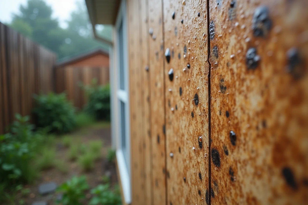 Panneau OSB extérieur sous la pluie avec gonflement et taches d'humidité visibles sur la surface