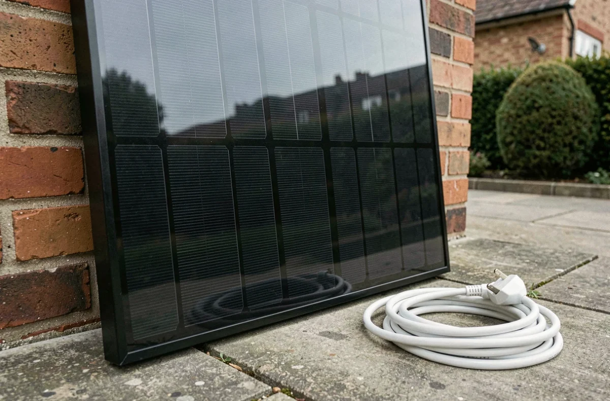 Panneau solaire plug and play 800W posé contre un mur de brique d'une maison avec câble de connexion