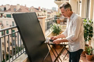 Homme branchant un panneau solaire plug and play sur le balcon d'un appartement urbain