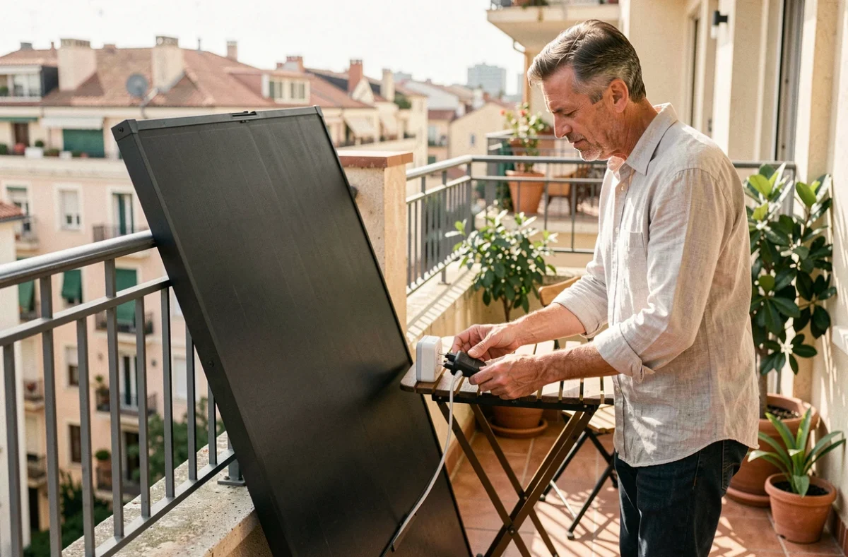 Homme branchant un panneau solaire plug and play sur le balcon d'un appartement urbain