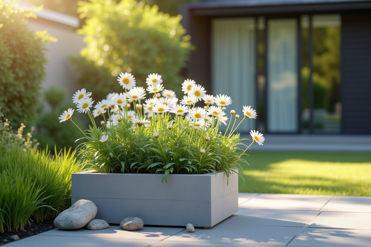 Patio moderne avec une jardiniere d Edelweiss en plein jour