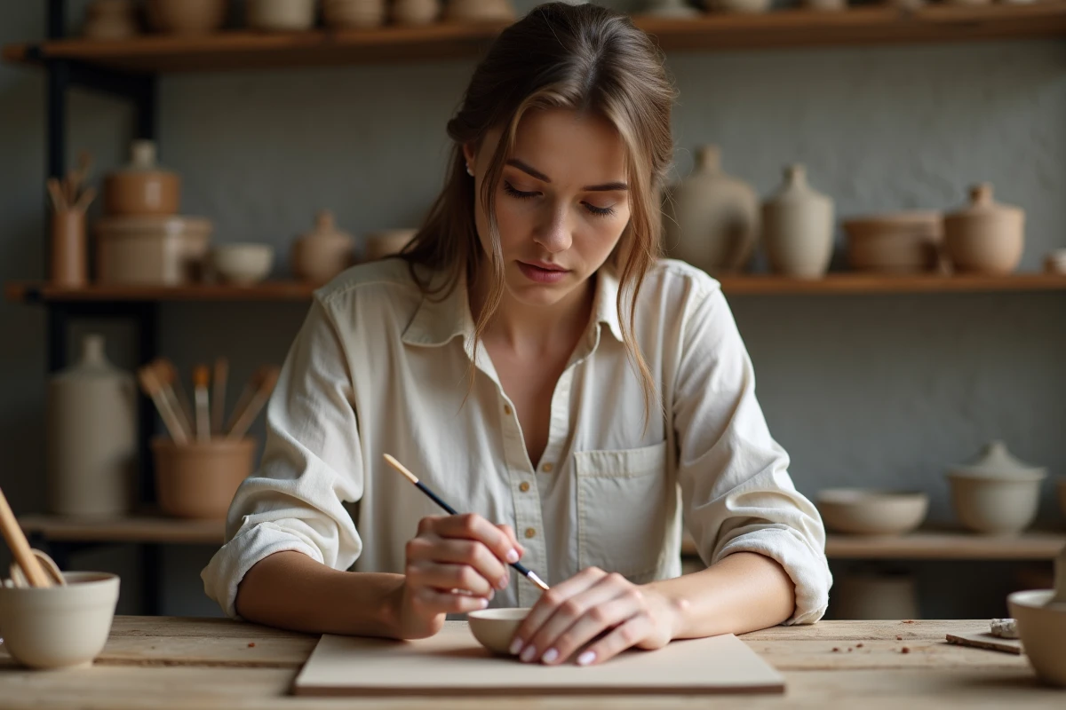 Femme peignant une petite sculpture en argile dans un atelier créatif