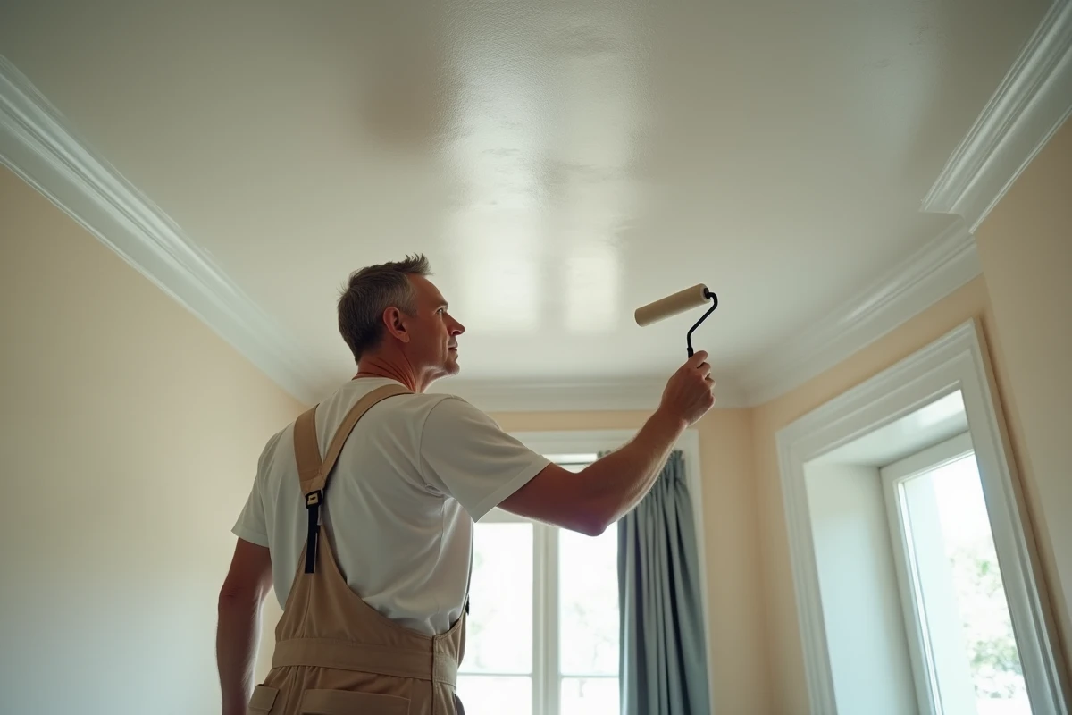 Homme en overalls peignant un plafond dans une maison traditionnelle