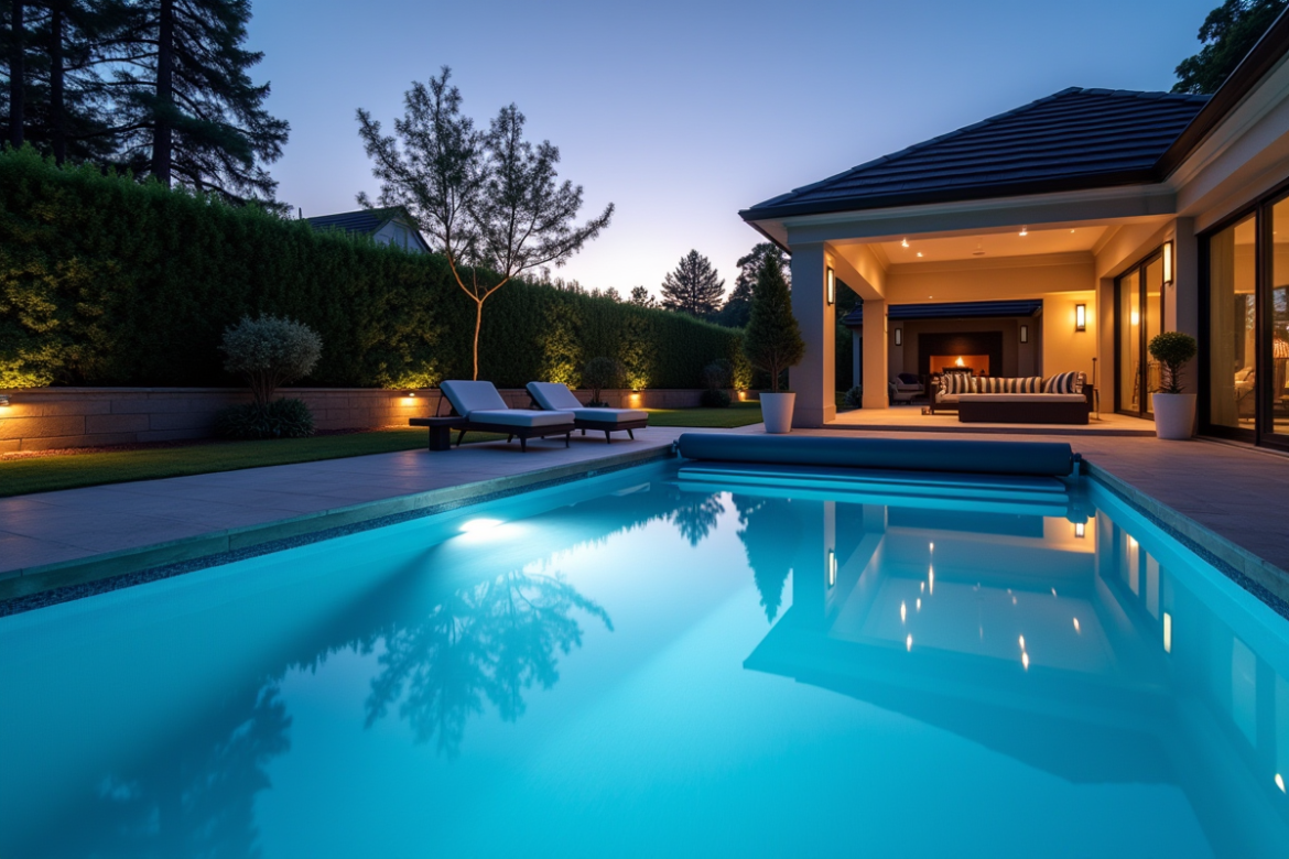 Piscine moderne au crépuscule avec couverture automatique
