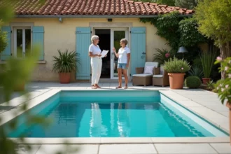 Petite piscine hors-sol non imposable dans un jardin pavillonnaire français avec propriétaire tenant des documents fiscaux