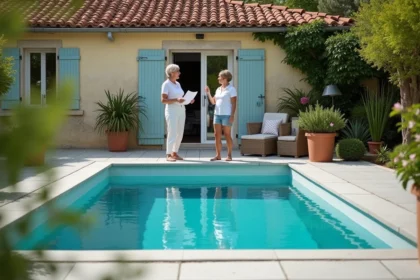 Petite piscine hors-sol non imposable dans un jardin pavillonnaire français avec propriétaire tenant des documents fiscaux