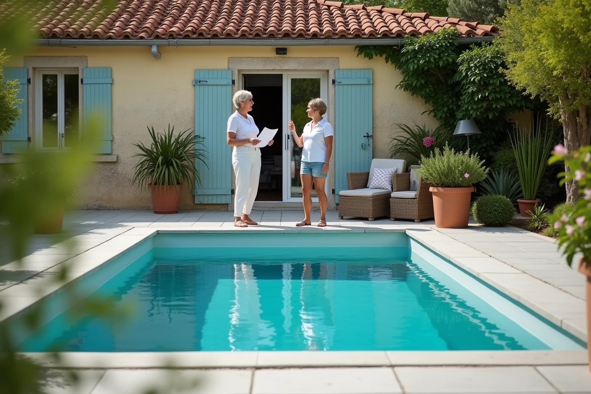 Petite piscine hors-sol non imposable dans un jardin pavillonnaire français avec propriétaire tenant des documents fiscaux