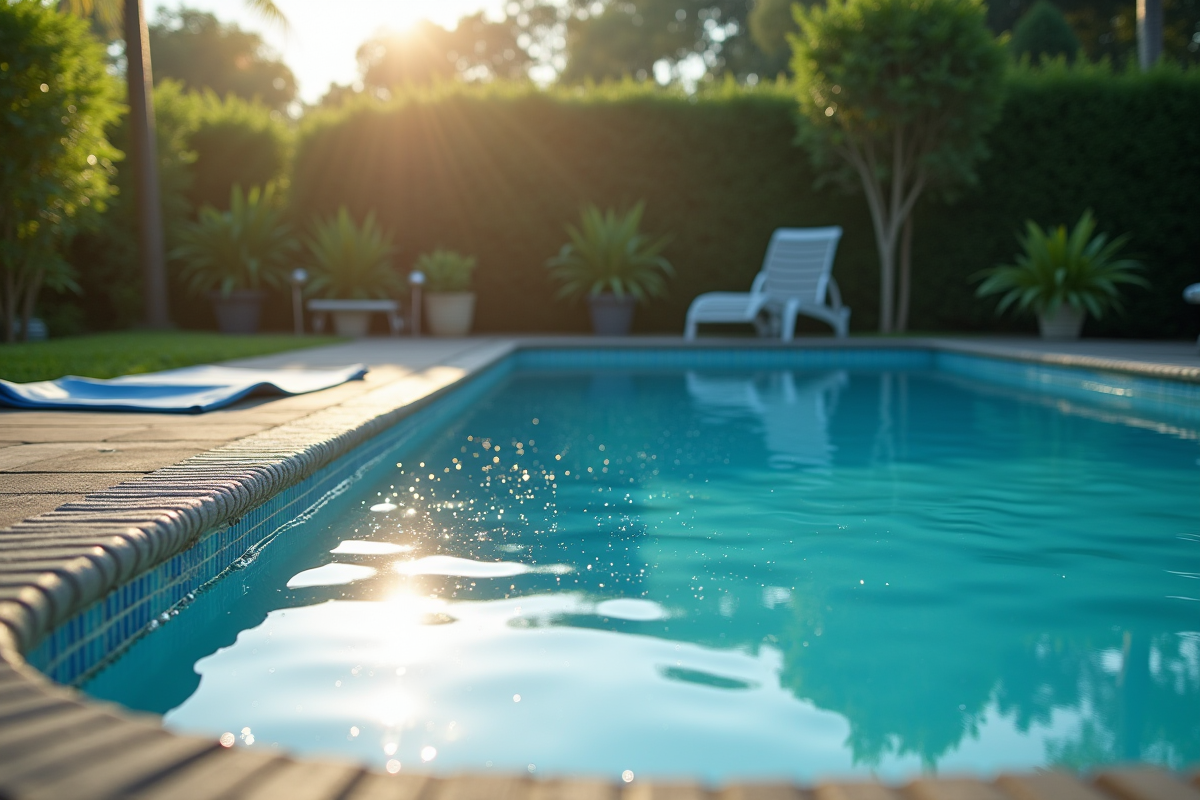 Piscine extérieure au matin avec eau bleue et couverture rangée