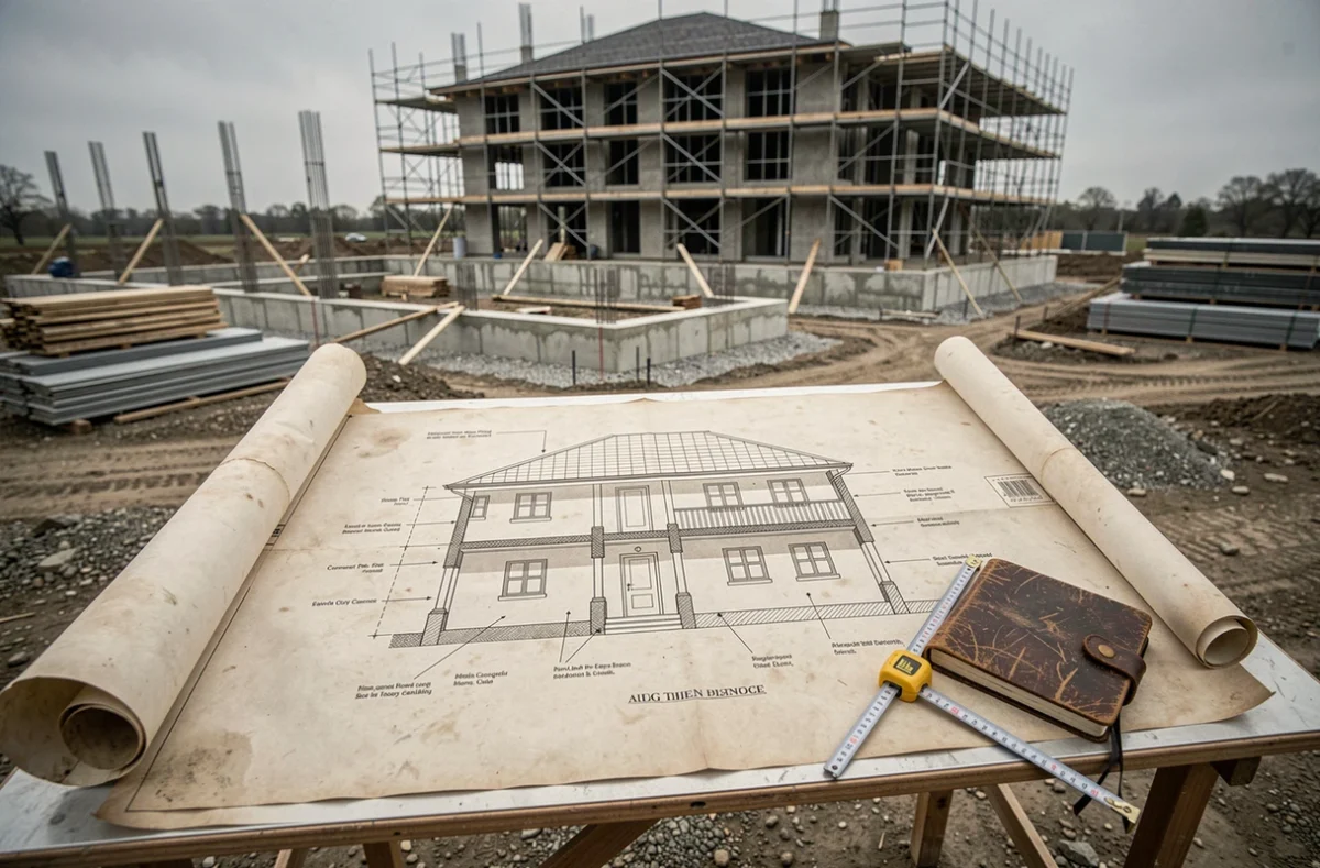 Plan en coupe d'une maison posé sur une table de chantier avec un casque et des outils de mesure, chantier de construction en arrière-plan