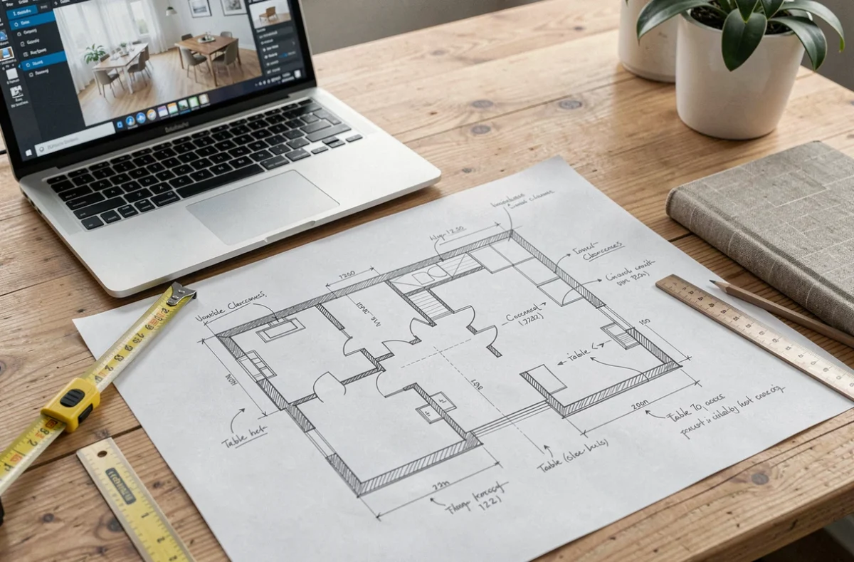 Plan de pièce dessiné à la main avec mètre ruban et annotations pour choisir la bonne dimension de table 6 personnes