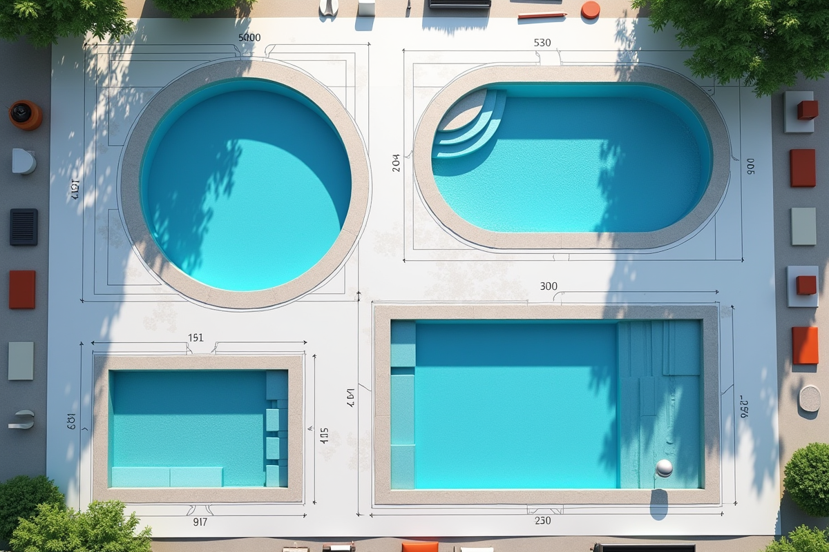 Plan architectural avec différentes formes de piscines sur un bureau