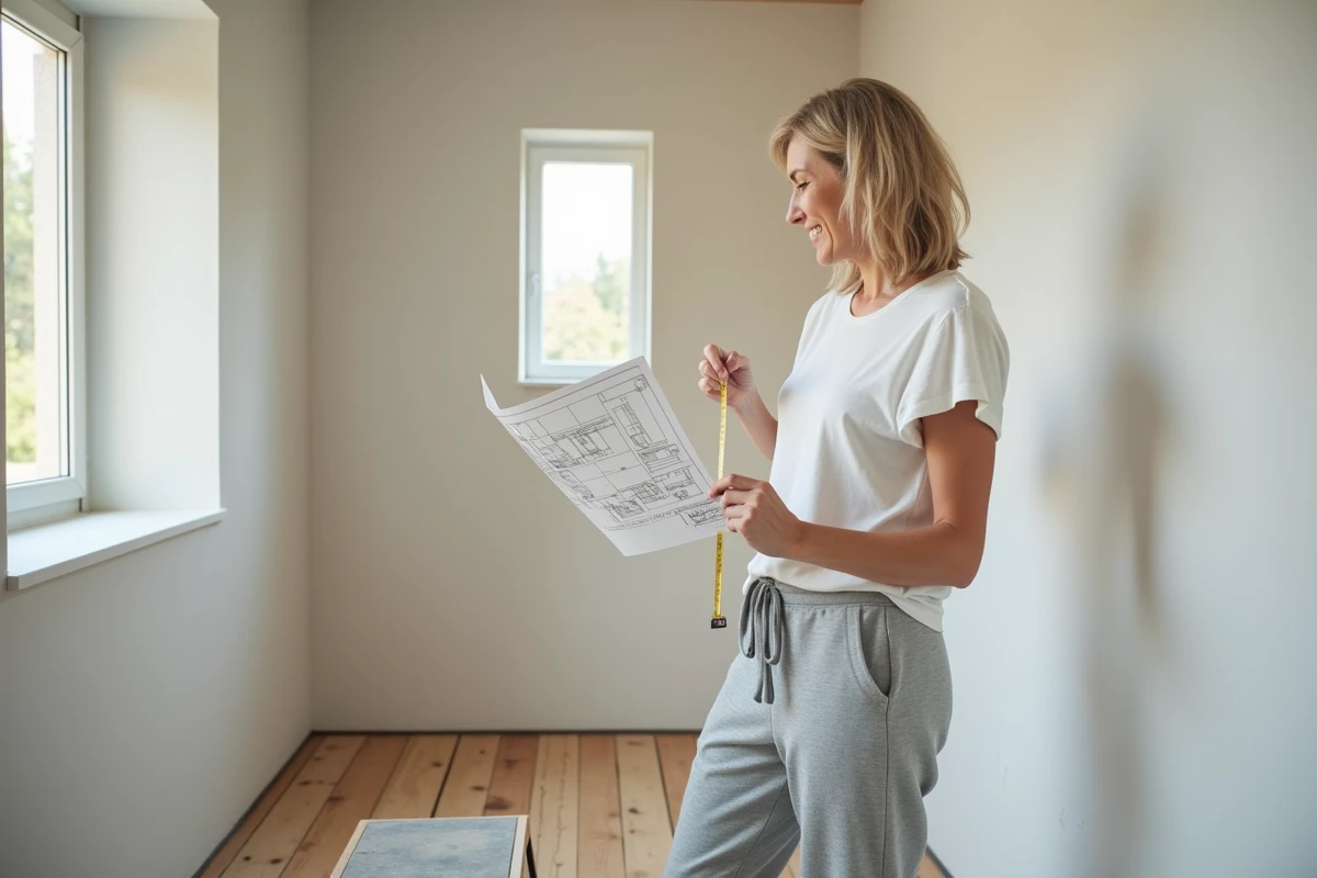 Femme mesurant une petite pièce à convertir en dressing pour deux personnes lors d'une rénovation