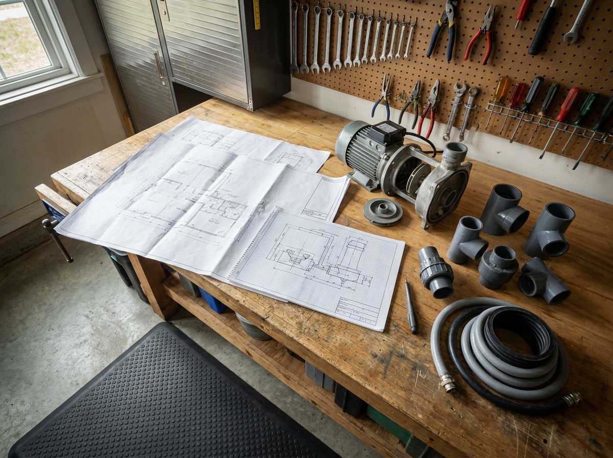 Plans de travaux et composants de pompe de relevage posés sur un établi avant installation