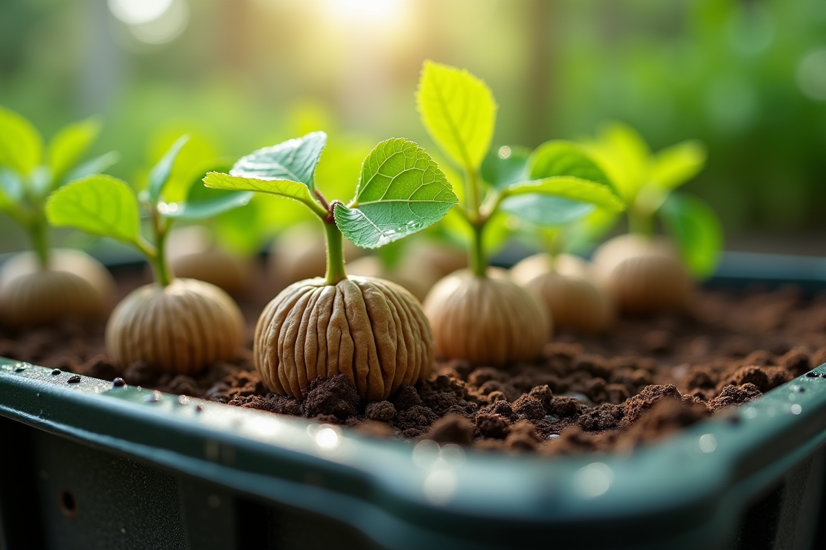 Noix plantés dans un bac de propagation avec humidité et verdure