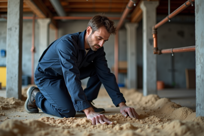Plombier homme en action dans un sous-sol en train de poser du sable