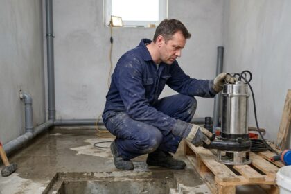 Plombier inspectant une pompe de relevage avant installation dans une cave résidentielle