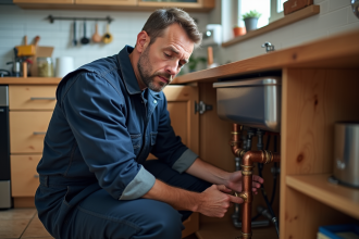 Plombier homme inspectant des tuyaux en cuisine moderne