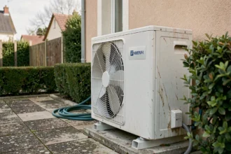 Pompe à chaleur air-air installée sur la façade extérieure d'une maison de 100 m² avec végétation environnante