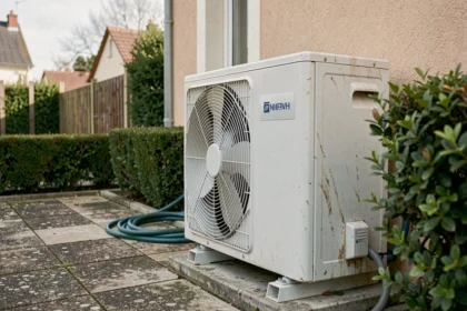 Pompe à chaleur air-air installée sur la façade extérieure d'une maison de 100 m² avec végétation environnante