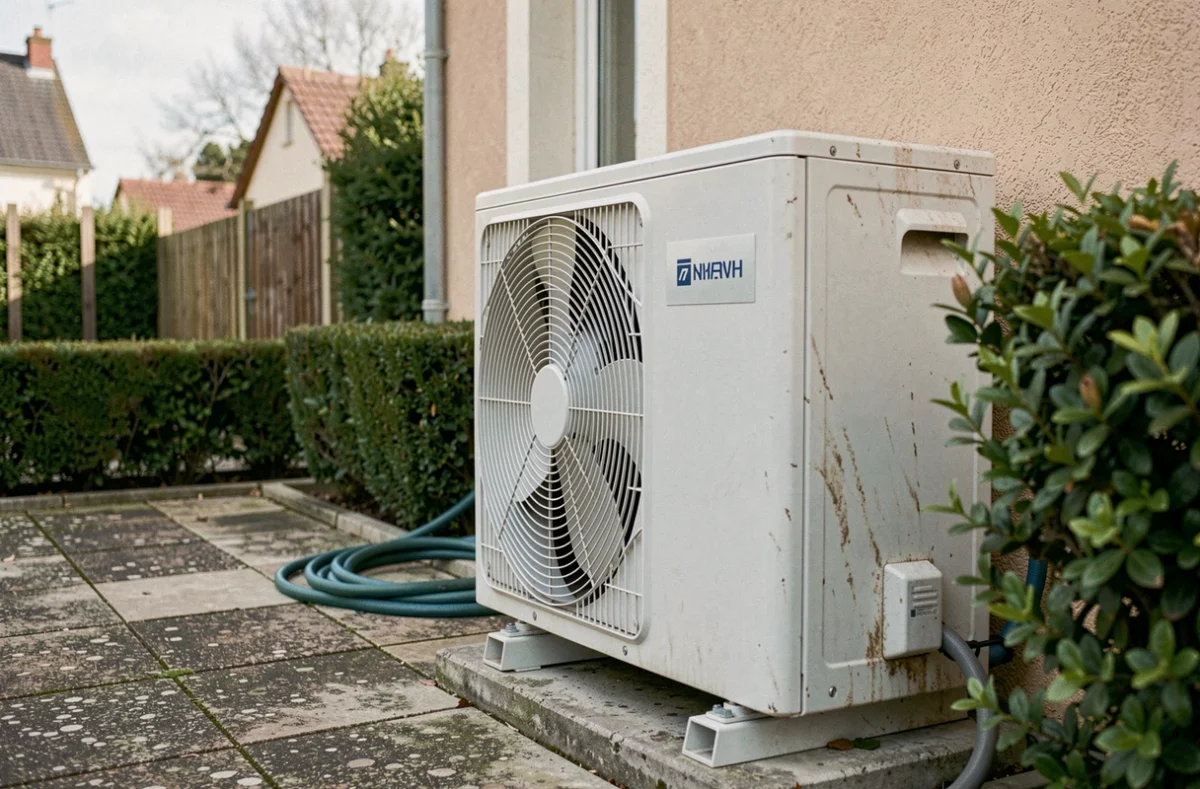 Pompe à chaleur air-air installée sur la façade extérieure d'une maison de 100 m² avec végétation environnante