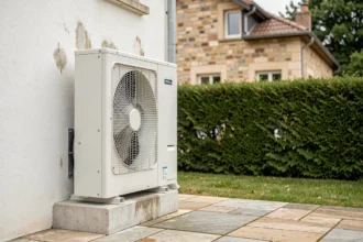 Pompe à chaleur installée sur la facade extérieure d'une maison individuelle en France