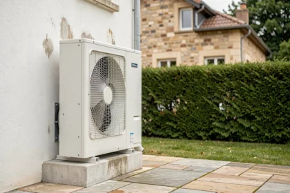 Pompe à chaleur installée sur la facade extérieure d'une maison individuelle en France