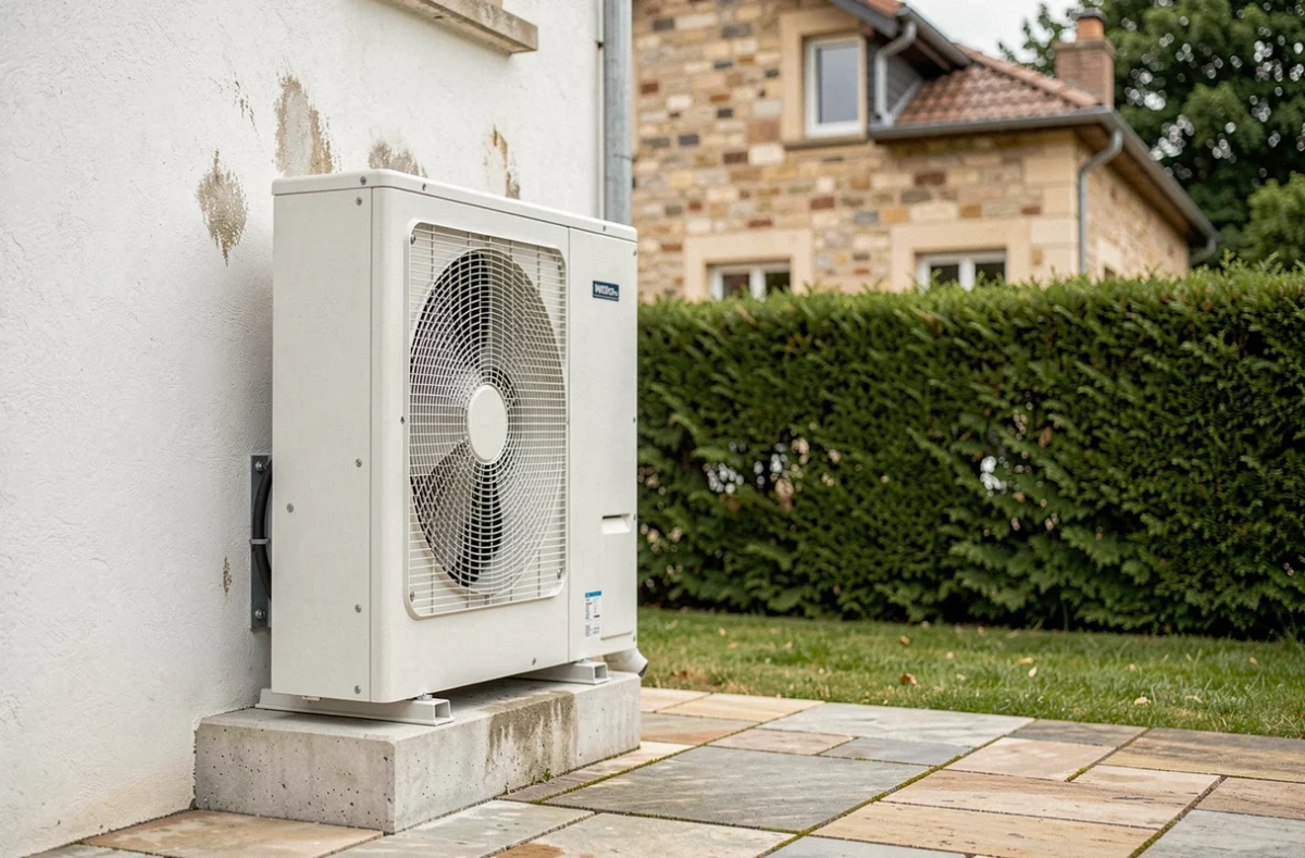 Pompe à chaleur installée sur la facade extérieure d'une maison individuelle en France