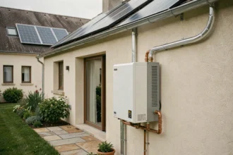 Pompe à chaleur solarothermique installée sur la façade extérieure d'une maison individuelle moderne avec panneaux solaires thermiques en toiture