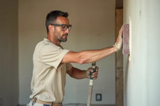 Artisan ponçant un enduit de finition sur un mur intérieur avec une cale à poncer longue, fine poussière blanche visible