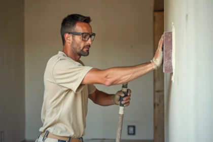 Artisan ponçant un enduit de finition sur un mur intérieur avec une cale à poncer longue, fine poussière blanche visible