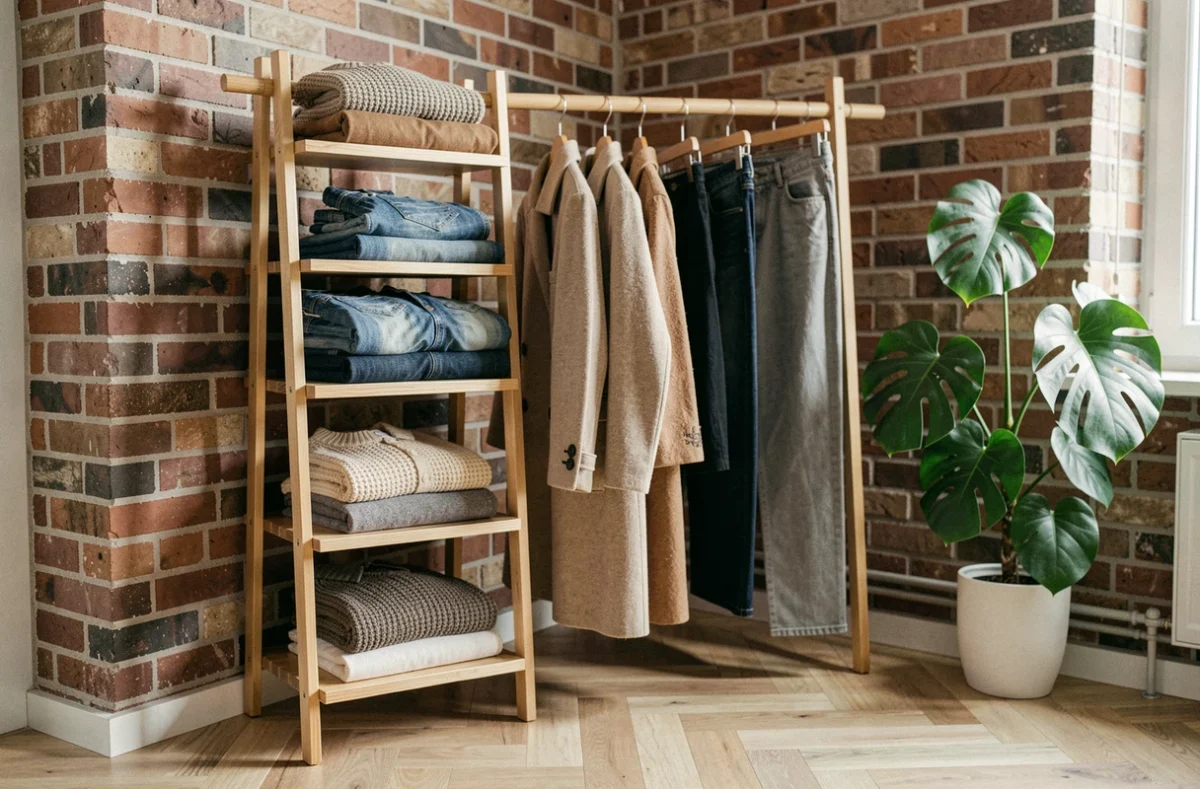 Portant bois avec étagères latérales pour ranger vêtements et accessoires dans un petit appartement scandinave