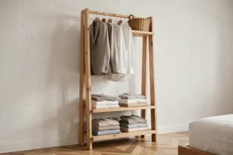 Portant vêtement en bois avec étagères intégrées dans une chambre minimaliste, offrant un rangement organisé sans armoire