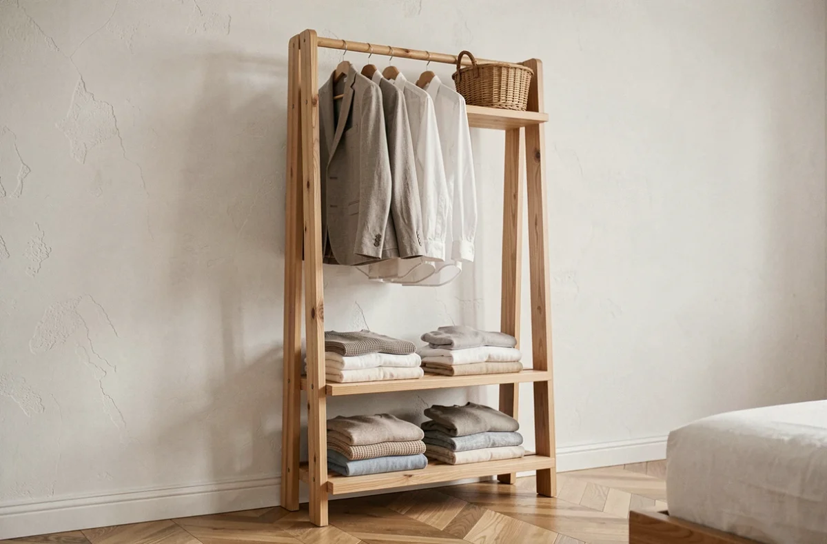 Portant vêtement en bois avec étagères intégrées dans une chambre minimaliste, offrant un rangement organisé sans armoire