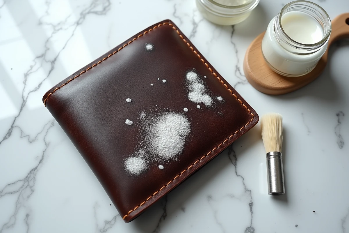 Gros plan d'un portefeuille en cuir marron foncé présentant des taches de moisissures blanches sur marbre blanc avec des produits de nettoyage