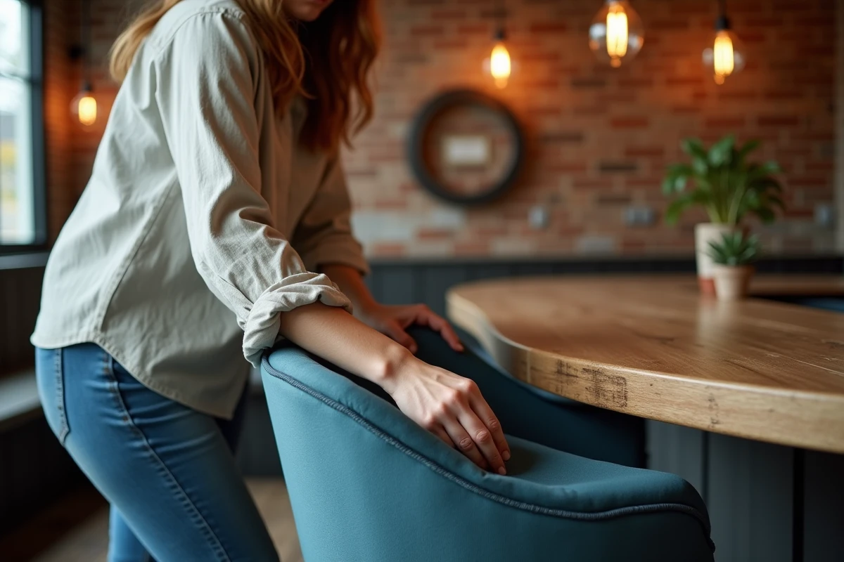 Femme installant une housse de tabouret de bar en tissu résistant dans une salle à manger style bistro