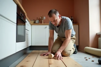 Artisan en train de poser un parquet flottant en chêne dans une cuisine avec maillet en caoutchouc et cales d'espacement