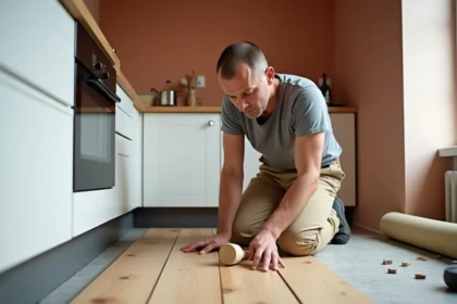 Artisan en train de poser un parquet flottant en chêne dans une cuisine avec maillet en caoutchouc et cales d'espacement