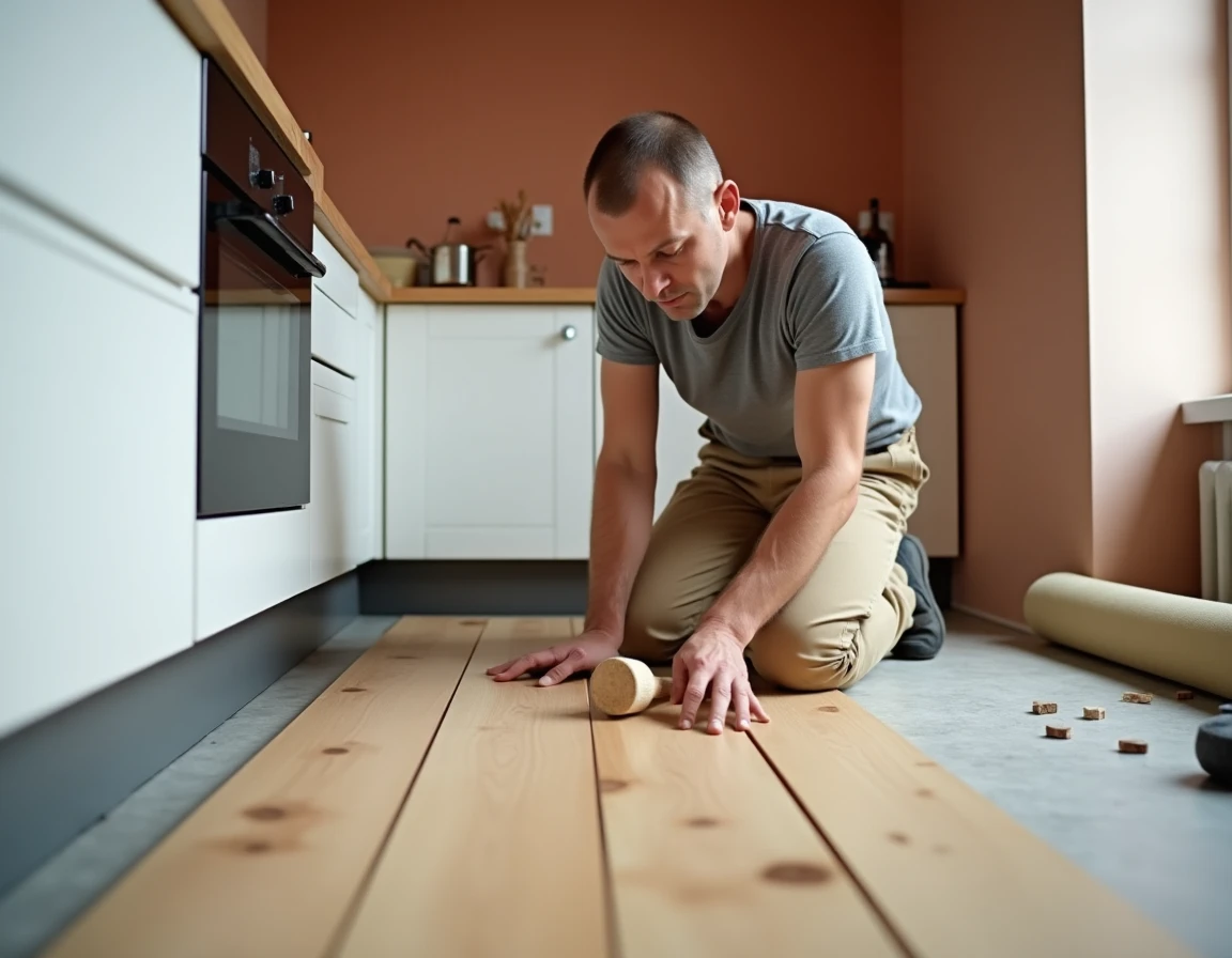 Artisan en train de poser un parquet flottant en chêne dans une cuisine avec maillet en caoutchouc et cales d'espacement
