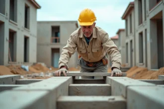 Ouvrier posant des poutrelles en béton sur un chantier de construction résidentiel avec hourdis entre les travées