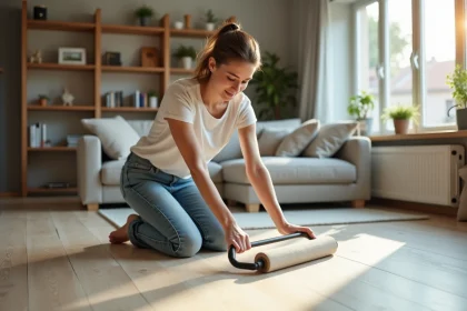 Femme posant sur un sol en PVC dans un intérieur moderne