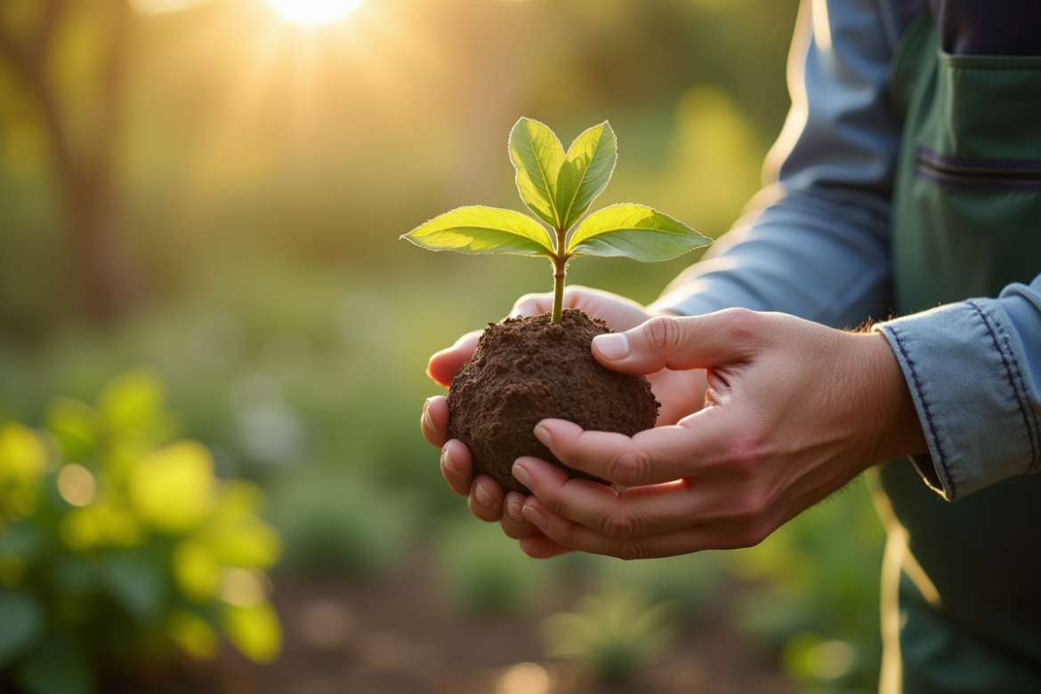 Mains de jardinier préparant un jeune noyer pour propagation