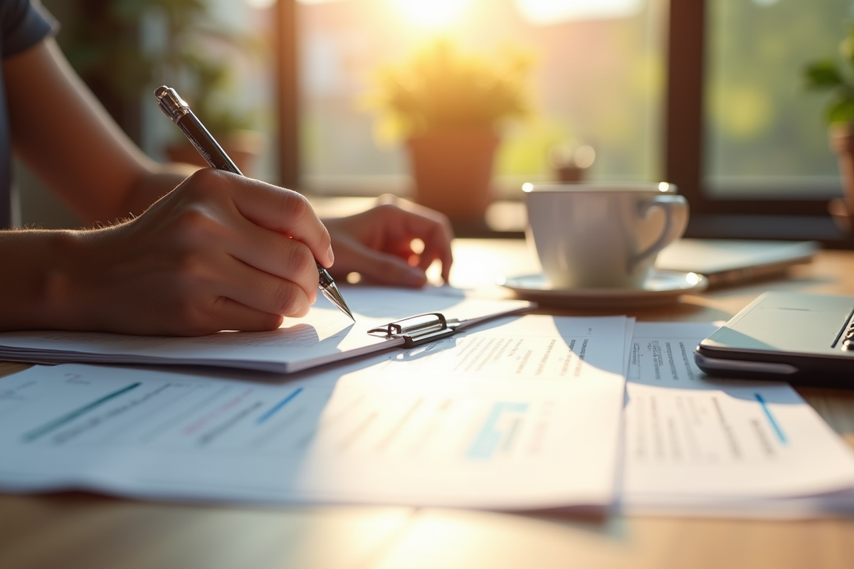 Mains remplissant des formulaires sur une table en bois