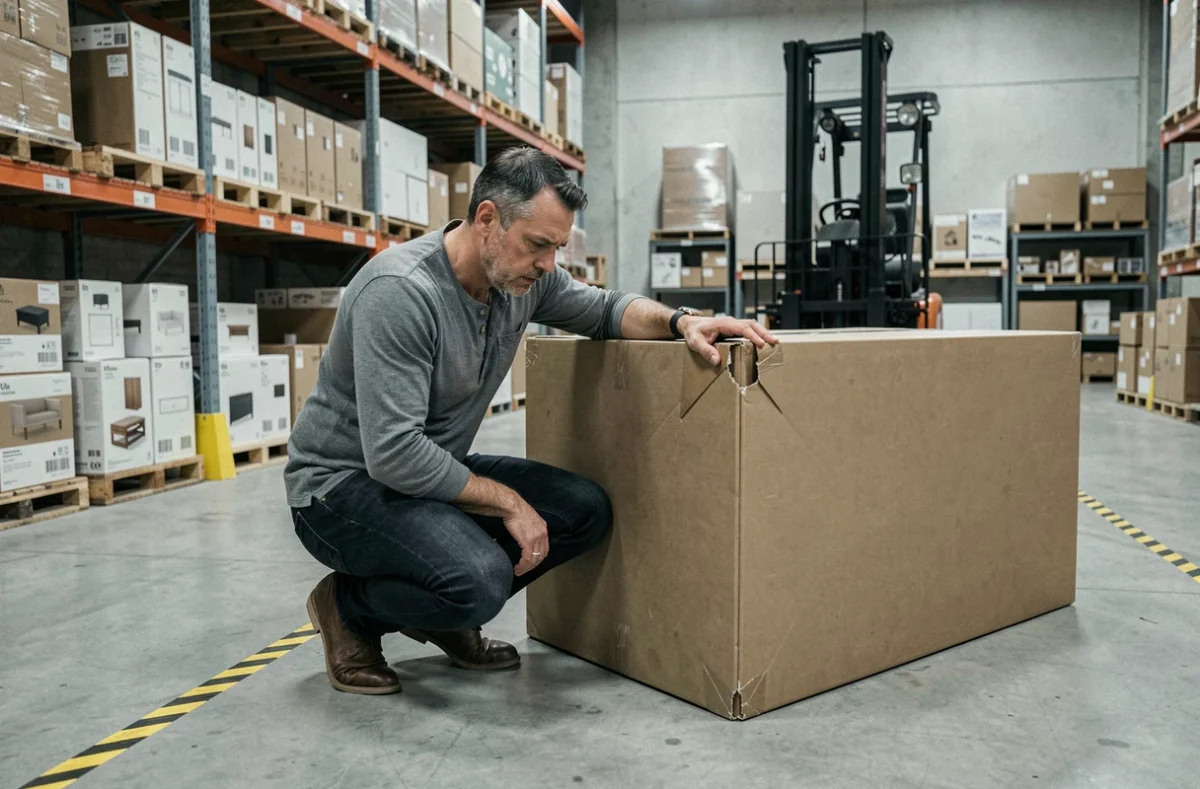 Client inspectant un colis endommagé dans la zone de stockage d'un magasin de mobilier
