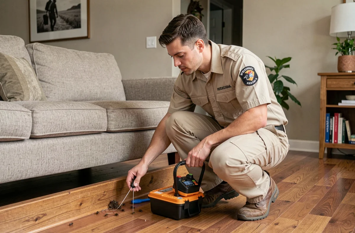 Technicien professionnel en dératisation inspectant les plinthes d'un salon pour traitement contre les nuisibles