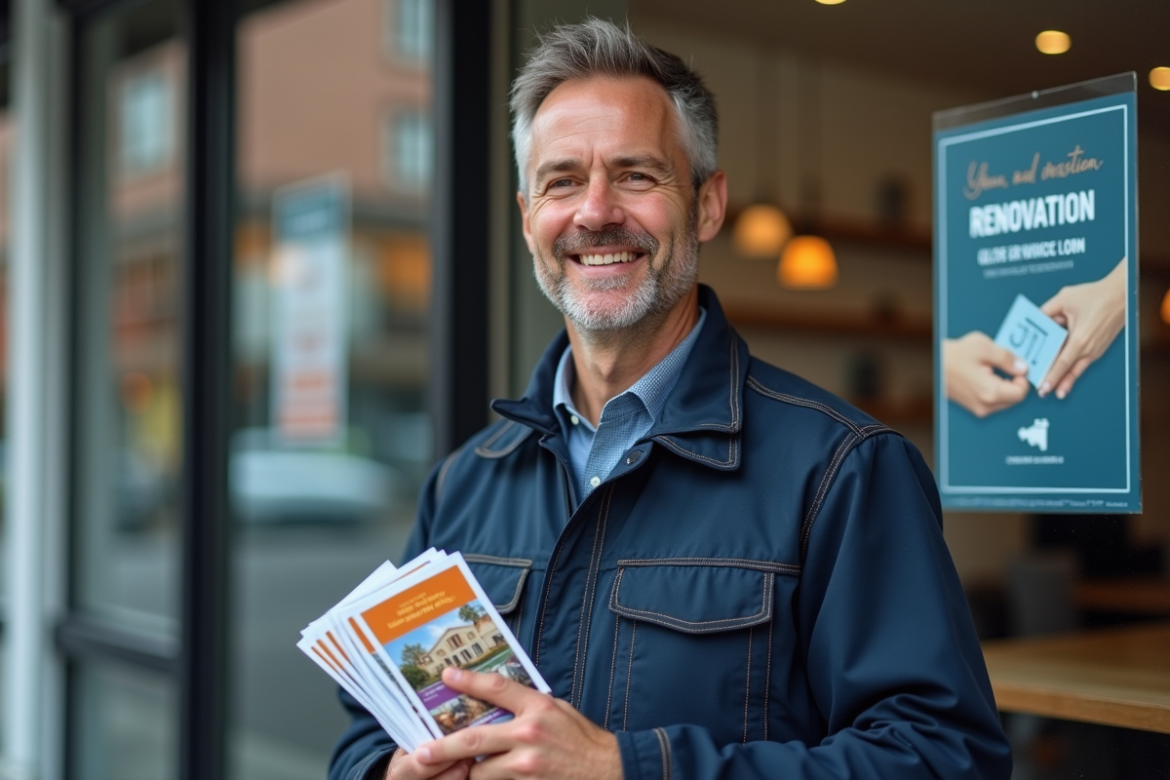 Homme professionnel de la renovation tenant des flyers colorés