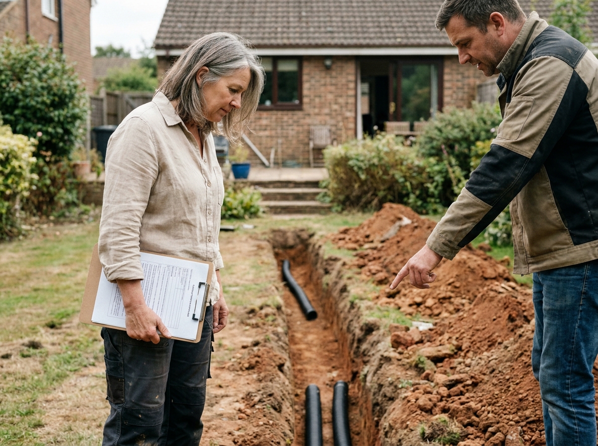 Propriétaire et entrepreneur consultant les plans devant une tranchée de drainage pour pompe de relevage