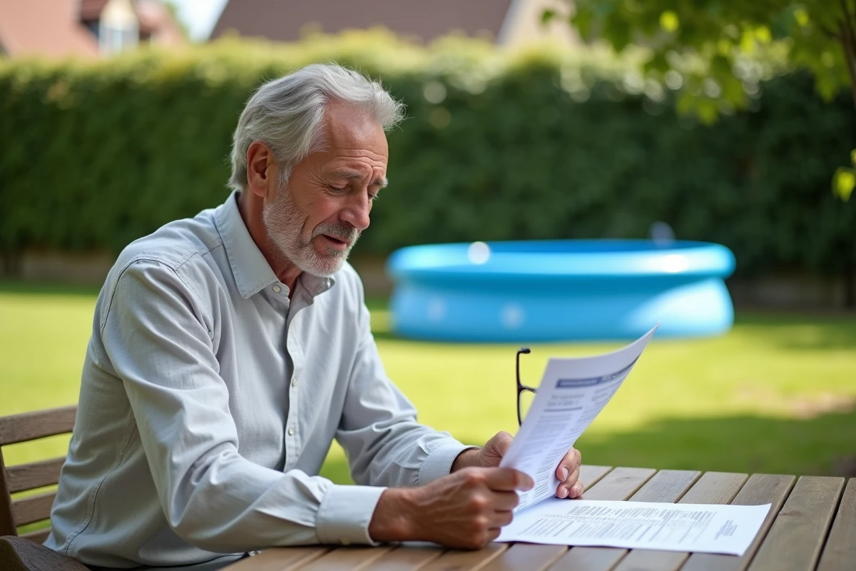 Propriétaire consultant un guide fiscal sur les piscines non imposables assis dans son jardin avec petite piscine gonflable en arrière-plan