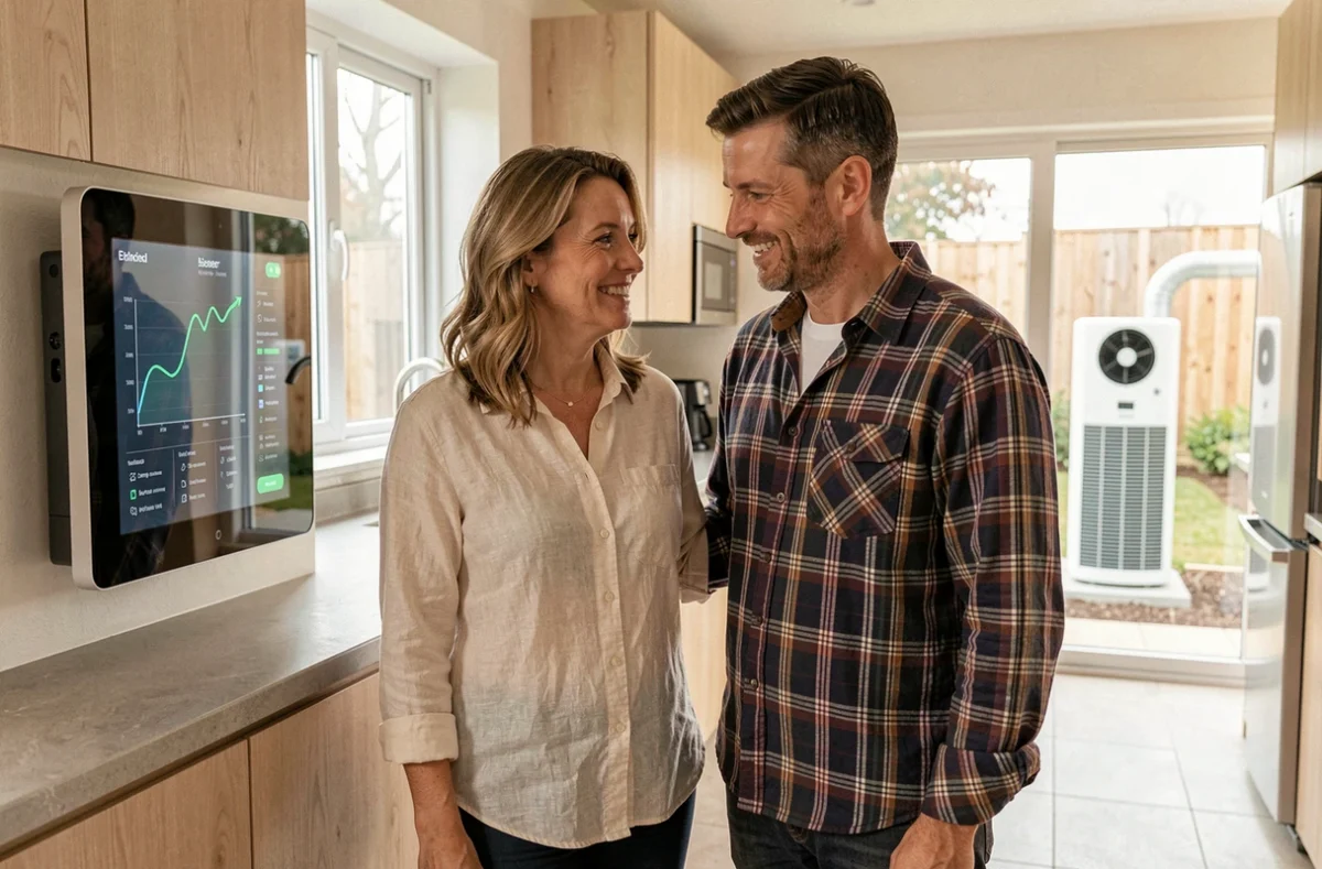 Couple de propriétaires découvrant les économies d'énergie sur un tableau de bord connecté dans une cuisine rénovée