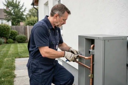 Technicien en train de raccorder les tuyaux en cuivre d'une pompe à chaleur air-eau installée en extérieur contre un mur de maison individuelle