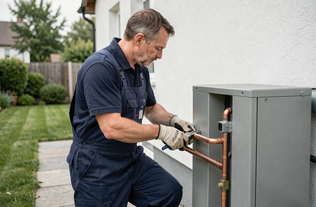 Technicien en train de raccorder les tuyaux en cuivre d'une pompe à chaleur air-eau installée en extérieur contre un mur de maison individuelle